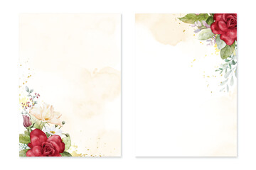 Set of card templates with watercolor roses bouquets on yellow stains