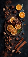 Composition of dry oranges, cinnamon sticks and star anise. Christmas composition. Generative AI