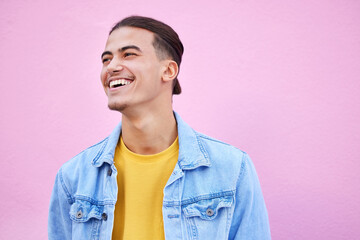 Student man, happy and fashion by background with smile, motivation or lifestyle with vision. Young gen z guy, excited and dream for future with goals, happiness and edgy clothes by pink wall in city