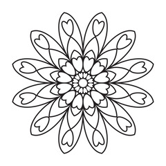 Easy Mandala Flower Design. Elegant Simple mandala page intricate lines patterns wall art, invitations, branding,  designs, basic heart mandalas Coloring Book, adults, seniors, beginners