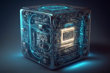 Super powerful quantum computer. Quantum technologies. Future technologies. Futuristic illustration. Generative art. Cyber style.