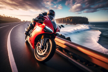 Photorealistic ai artwork of a red motorcycle, sports bike riding along the ocean road. Generative ai. - obrazy, fototapety, plakaty