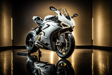 Photorealistic ai artwork of a motorcycle concept in the style of a white sportsbike in a studio. Generative ai.