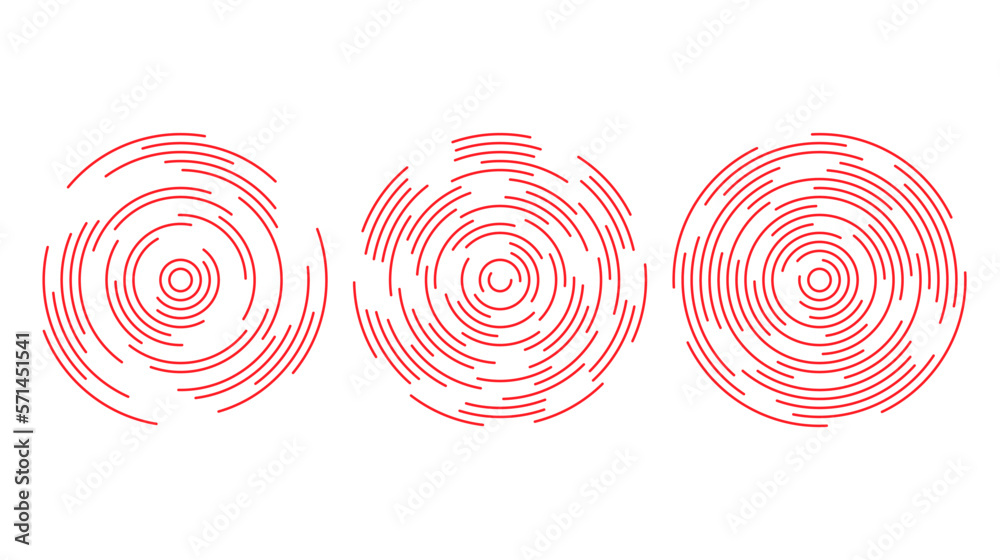 Poster Red concentric circle segments set. Rippled round patten background. Sonar or sound wave rings collection. Epicentre, target, radar icon concept. Radial signal or vibration elements. 