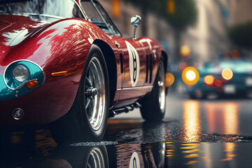 Photorealistic ai artwork of classic sports car concept on wet and reflective city streets. Generative ai.