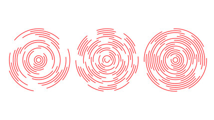 Red concentric circle segments set. Rippled round patten background. Sonar or sound wave rings collection. Epicentre, target, radar icon concept. Radial signal or vibration elements.  - obrazy, fototapety, plakaty