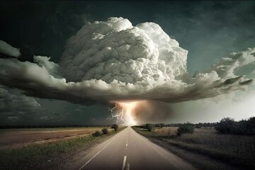 Storm clouds and lightning over a long highway. Deserted road with thunderstorm approaching. Menacing landscape.