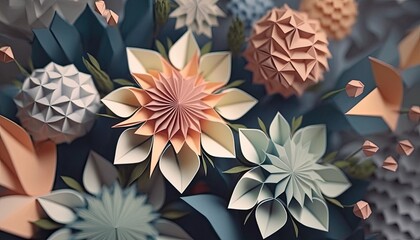 Colorful origami pastel color flowers. Spring lilies paper petals. Folded arts and crafts. - obrazy, fototapety, plakaty