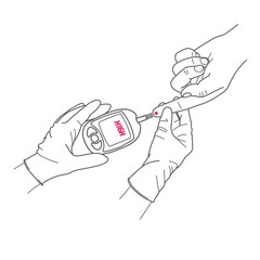 hand of a doctor in a glove checking the patients blood sugar level with a glucometer - 571451587
