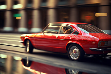Fototapeta na wymiar Photorealistic ai artwork of a red classic car concept on wet and reflective city streets. Generative ai.