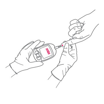 hand of a doctor in a glove checking the patients blood sugar level with a glucometer