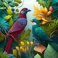 Drawing colorful wallpaper tropical forest multicolor birds tropical plants and flowers 3d digital art