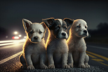 Photorealistic ai artwork of puppies stranded on side of the road. Generative ai.