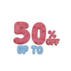 3d illustration, Up to 50% off discount banner in plasticine, clay doh texture sign symbol.