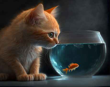 Portrait Photo of an Orange Kitten Looking at a Goldfish