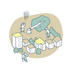 倒れる木。
問題について考える人々