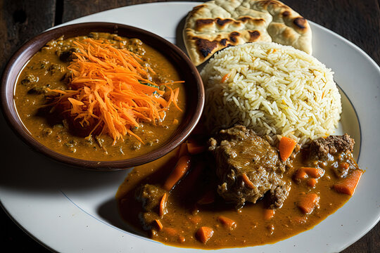 Curry meal lamb pasanda with rice, bhaji and carrot salad behind. Generative AI