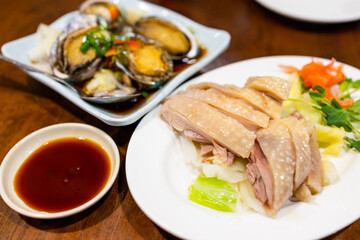 Traditional chinese food steamed chicken and abalone