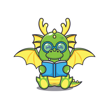 Cute dragon reading a book cartoon vector illustration. Vector cartoon Illustration suitable for poster, brochure, web, mascot, sticker, logo and icon.