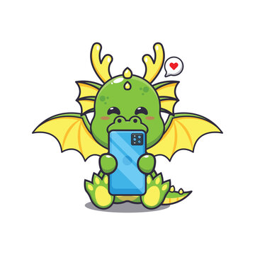 Cute dragon with phone cartoon vector illustration. Vector cartoon Illustration suitable for poster, brochure, web, mascot, sticker, logo and icon.