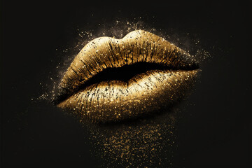 lips on gold glitter, Colorful female lips with glitter and drops on black background, generative ai.