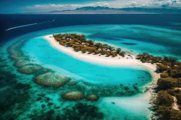 Obraz premium Beach and ocean in the distance as seen from above. azure water serves as the background. aerial view of the sea in summer. Indonesian island of Gili Meno. image of travel. Generative AI