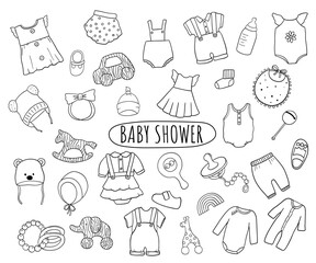 Infant cute bodysuit, dress, toys illustrations set. Vector doodle baby clothes isolated on white. Drawings for baby shower