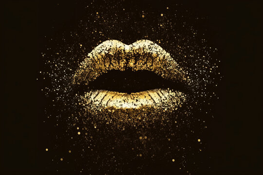 lips on gold glitter, Colorful female lips with glitter and drops on black background, generative ai.