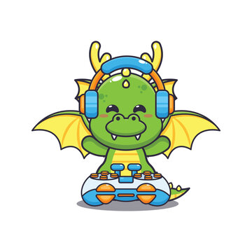 Cute dragon playing a game cartoon vector illustration. Vector cartoon Illustration suitable for poster, brochure, web, mascot, sticker, logo and icon.