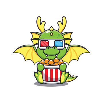 Cute dragon eating popcorn and watch 3d movie cartoon vector illustration. Vector cartoon Illustration suitable for poster, brochure, web, mascot, sticker, logo and icon.