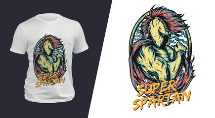 Cool vector t-shirt design with a super spartan. Sport uniform, t-shirt activewear template, colorful. T-shirt print or tattoo with a super spartan.