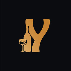Letter Y Logo With Wine Bottle Design Vector Illustration On Black Background. Wine Glass Letter Y Logo Design