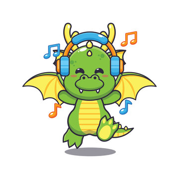Cute dragon listening music with headphone cartoon vector illustration. Vector cartoon Illustration suitable for poster, brochure, web, mascot, sticker, logo and icon.