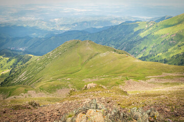 Landscape view of Mount Furmanov from Panorama peak in the Almaty mountains.