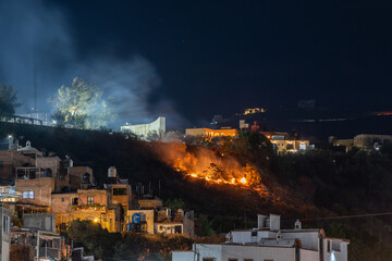View of a burning slope in the city of Guanajuato at night, Mexico.