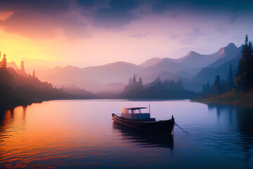 mountain, landscape, boat, lake, desktop background, generative AI