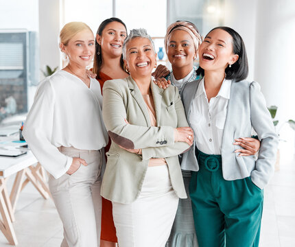 Diversity, portrait and professional women with teamwork, global success and group empowerment in office. Career love and hug of asian, black woman and senior business people or employees with smile