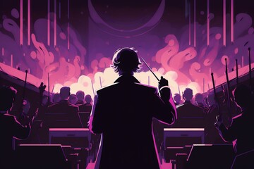 close-up shot of a conductor leading an orchestra with an intense purple aura surrounding them (AI Generated) - obrazy, fototapety, plakaty