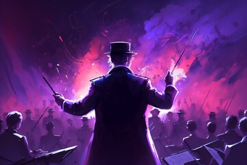 close-up shot of a conductor leading an orchestra with an intense purple aura surrounding them (AI Generated)