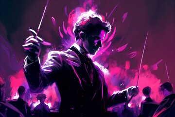 close-up shot of a conductor leading an orchestra with an intense purple aura surrounding them (AI Generated) - obrazy, fototapety, plakaty