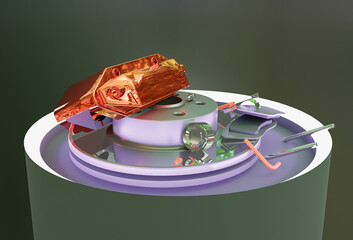 Brake Disc and Black Calliper on Looks like the road is wet and dark background. illustration 3D Render.