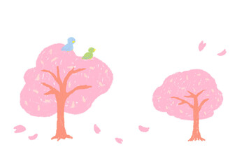 Cherry tree(sakura) with birds perched and dancing petals Cute hand-drawn illustration set of colored pencils/crayons / 鳥がとまっている桜の木と舞う花びら 色鉛筆/クレヨンのかわいい手描きのイラストセット