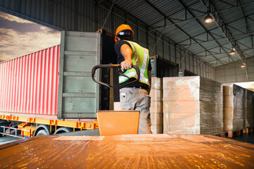 Workers Unloading Package Boxes on Pallets in Warehouse. Cargo Delivery Load with Shipping...