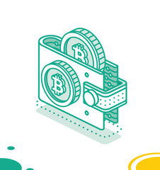 Isometric Crypto Wallet with Cryptocurrency . Two Bitcoin. Outline Icon for Cryptocurrency Storage App. Blockchain Technology.