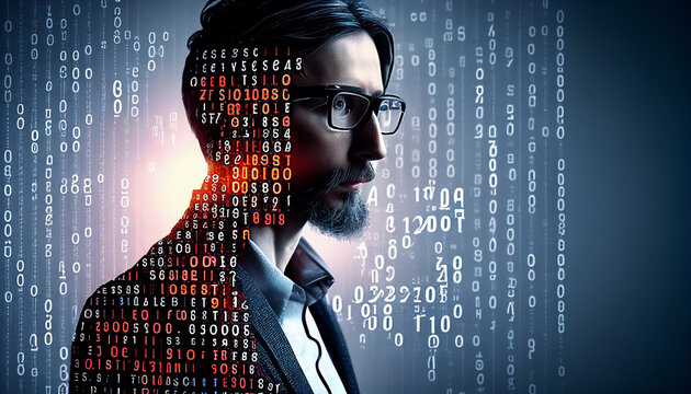 person with binary code background