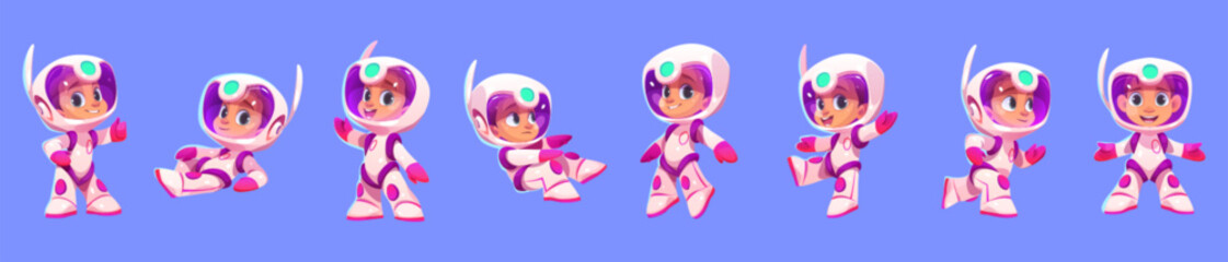 Cartoon vector illustration set of kid astronaut in space. Isolated little spaceman in white suit and helmet lie, run or go on blue background. Cute cosmic boy in various poses © klyaksun