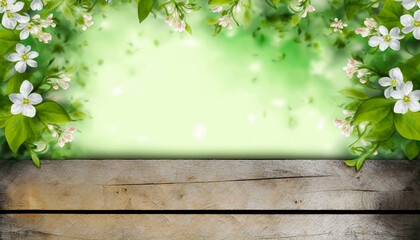 Naklejka na ściany i meble Spring background with vintage wooden table. green leaves and white flowers. Generative AI