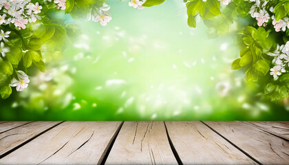 Spring background with vintage wooden table. green leaves and white flowers. Generative AI