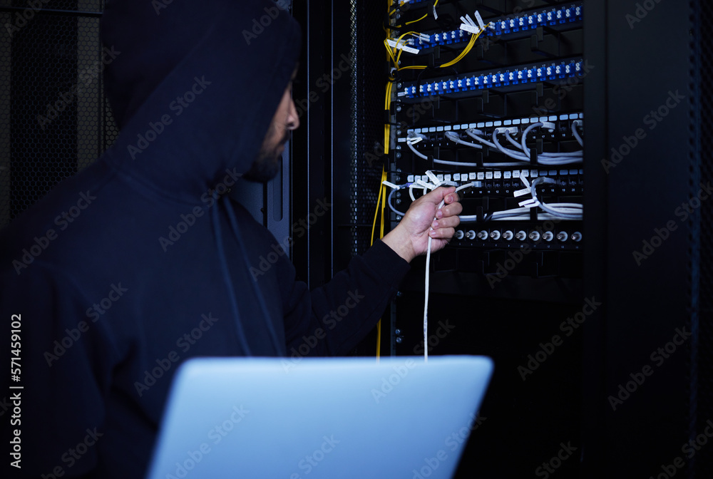 Poster Thief, programming and hacker stealing software, website data and information on server on a laptop. Connection, criminal and man hacking into a network for hardware, coding and cyber crime at night