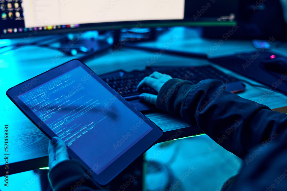 Aufkleber Tablet, html screen and programmer hands with coding software system for cyber security or hacking. Information technology, programming or coding hacker person with data, server and neon dark office